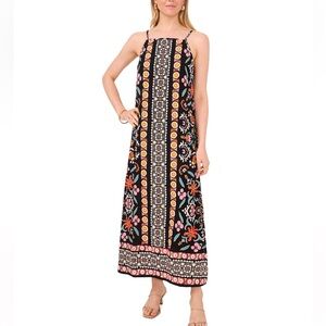 Vince Camuto Women's Sleeveless Border Print Halter Maxi Dress, Multi Color, Med
